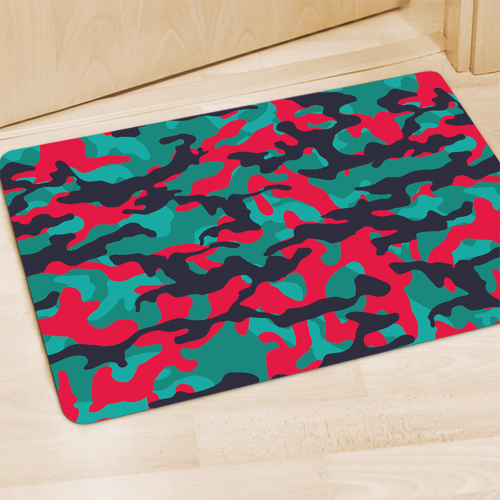 Pink Teal And Black Camouflage Print Polyester Doormat