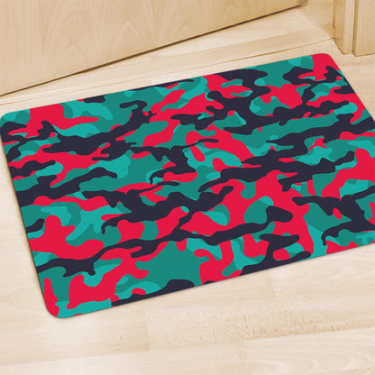 Pink Teal And Black Camouflage Print Polyester Doormat
