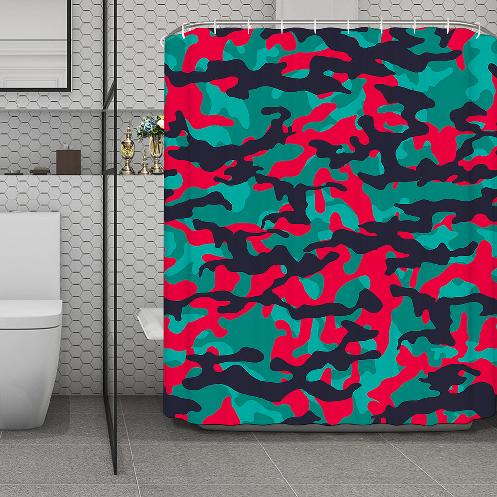 Pink Teal And Black Camouflage Print Polyester Shower Curtain