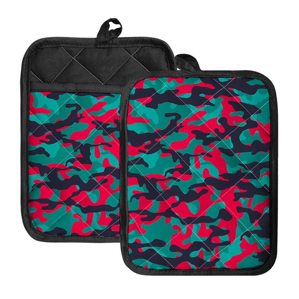 Pink Teal And Black Camouflage Print Pot Holders With Pocket