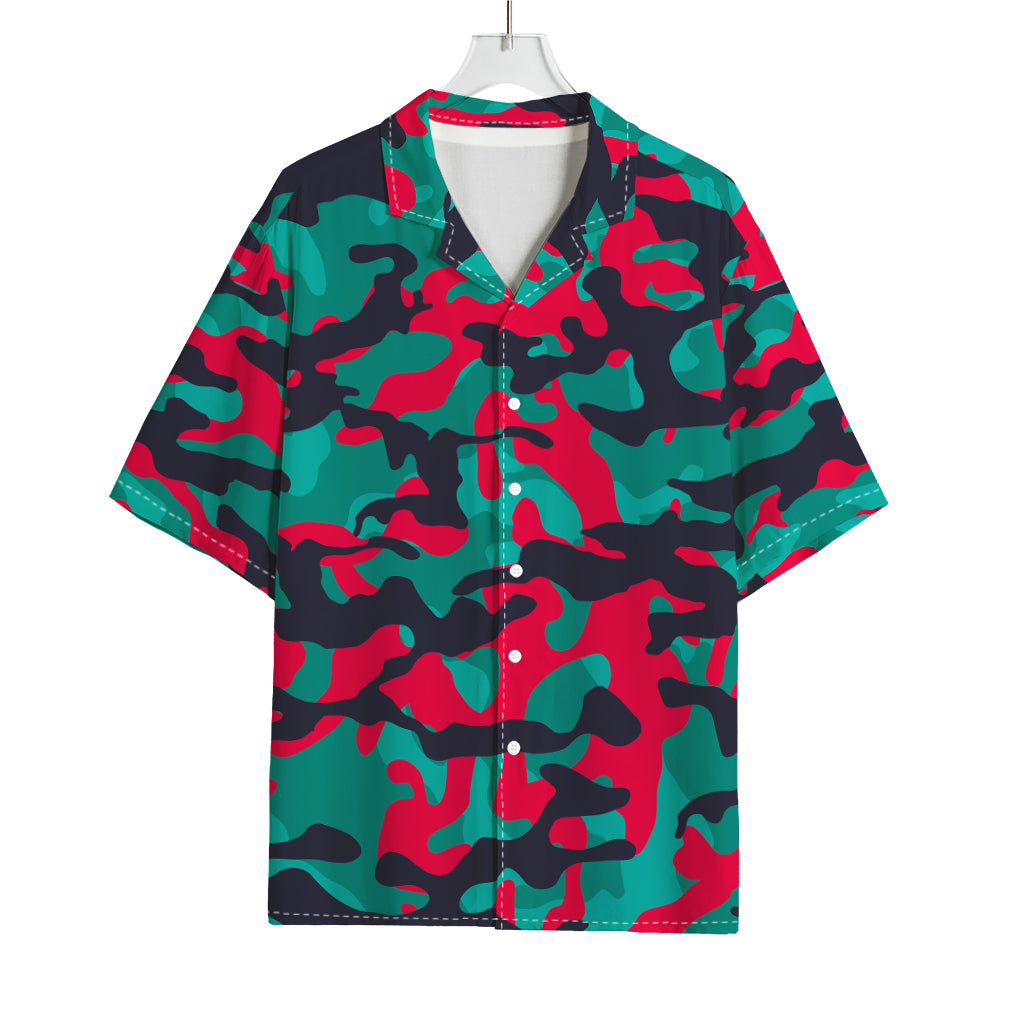 Pink Teal And Black Camouflage Print Rayon Hawaiian Shirt