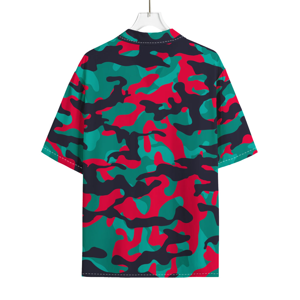 Pink Teal And Black Camouflage Print Rayon Hawaiian Shirt