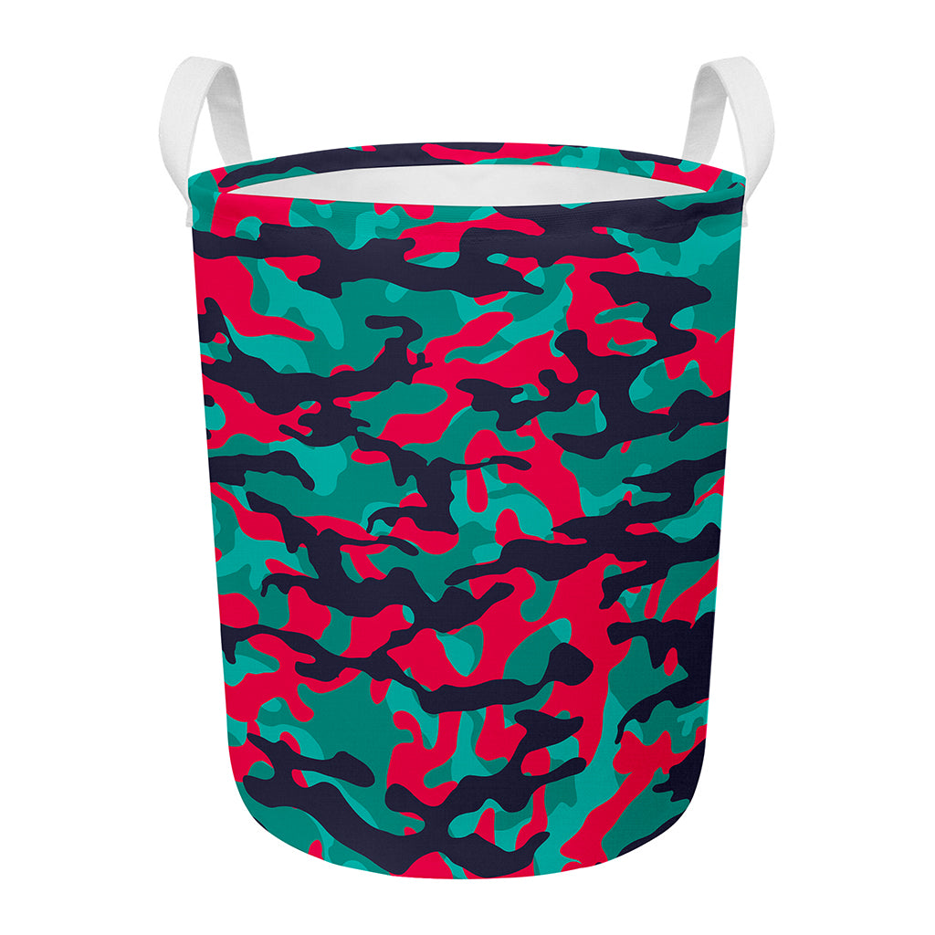 Pink Teal And Black Camouflage Print Round Laundry Basket