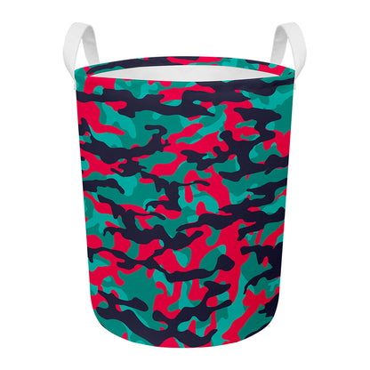 Pink Teal And Black Camouflage Print Round Laundry Basket