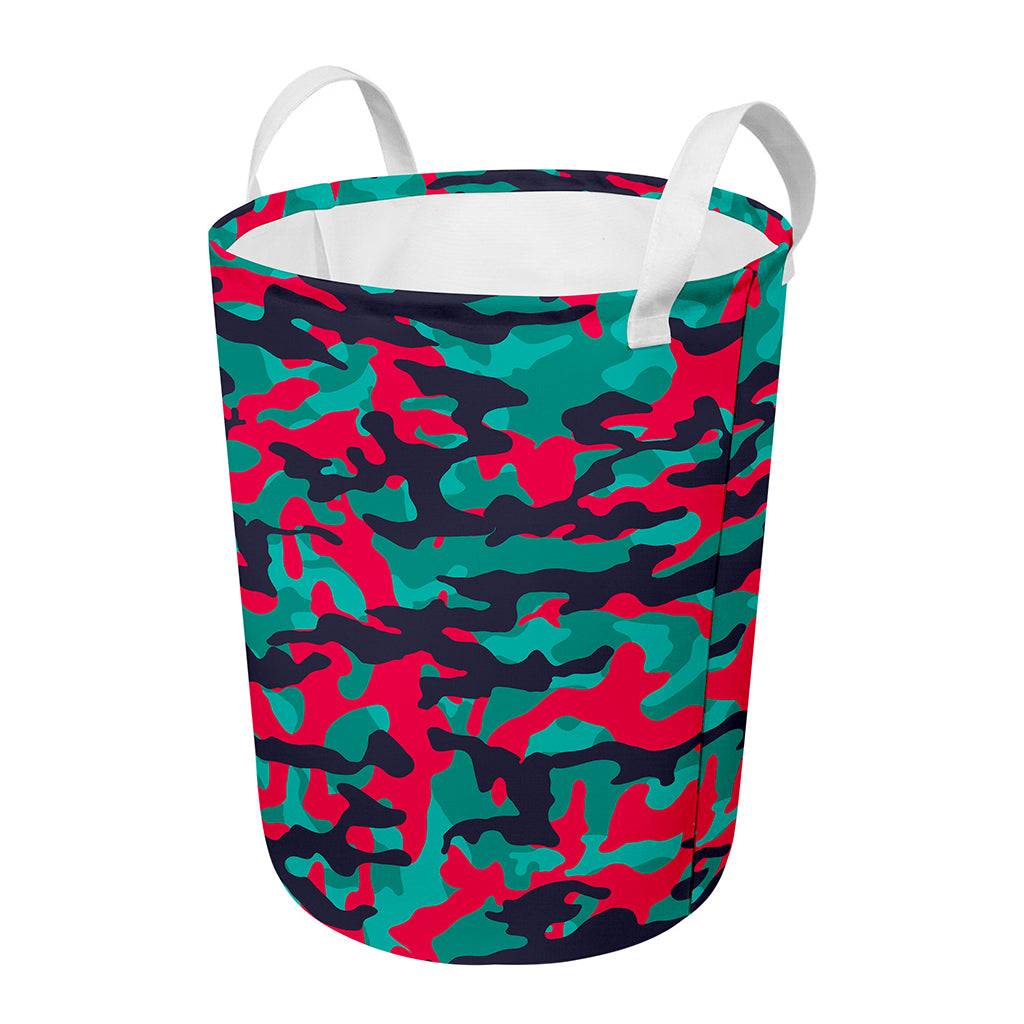 Pink Teal And Black Camouflage Print Round Laundry Basket