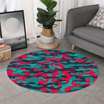 Pink Teal And Black Camouflage Print Round Rug