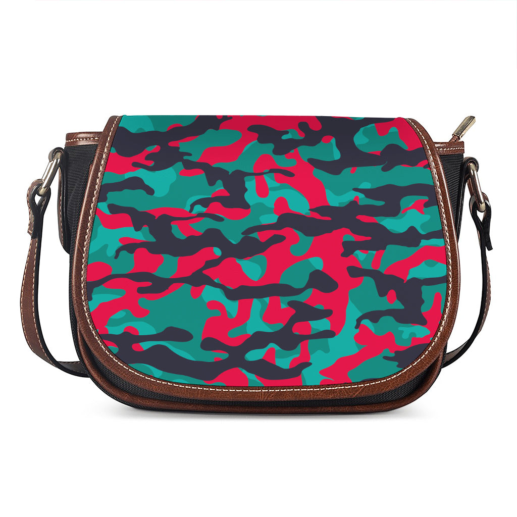 Pink Teal And Black Camouflage Print Saddle Bag