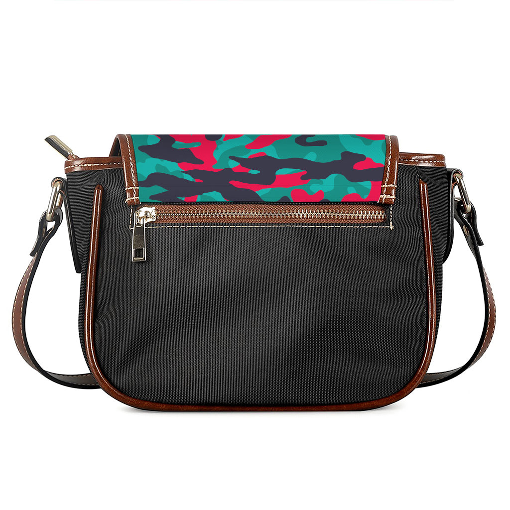 Pink Teal And Black Camouflage Print Saddle Bag