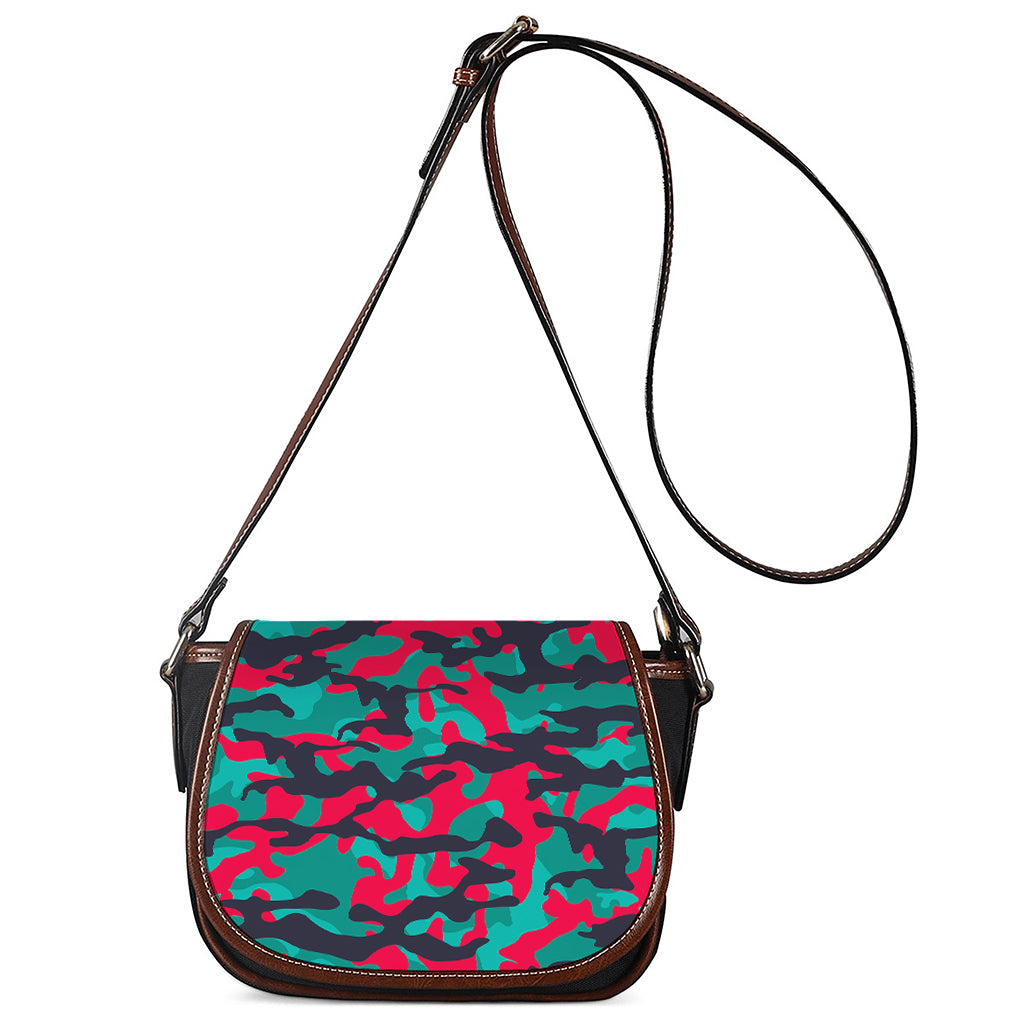 Pink Teal And Black Camouflage Print Saddle Bag