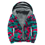 Pink Teal And Black Camouflage Print Sherpa Lined Zip Up Hoodie