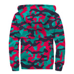 Pink Teal And Black Camouflage Print Sherpa Lined Zip Up Hoodie