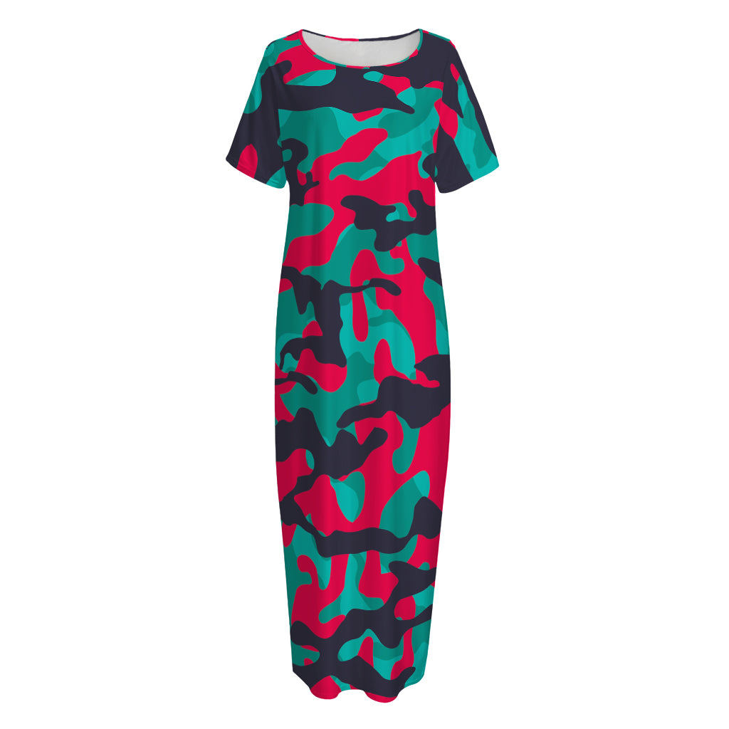 Pink Teal And Black Camouflage Print Short Sleeve Long Nightdress