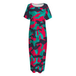 Pink Teal And Black Camouflage Print Short Sleeve Long Nightdress