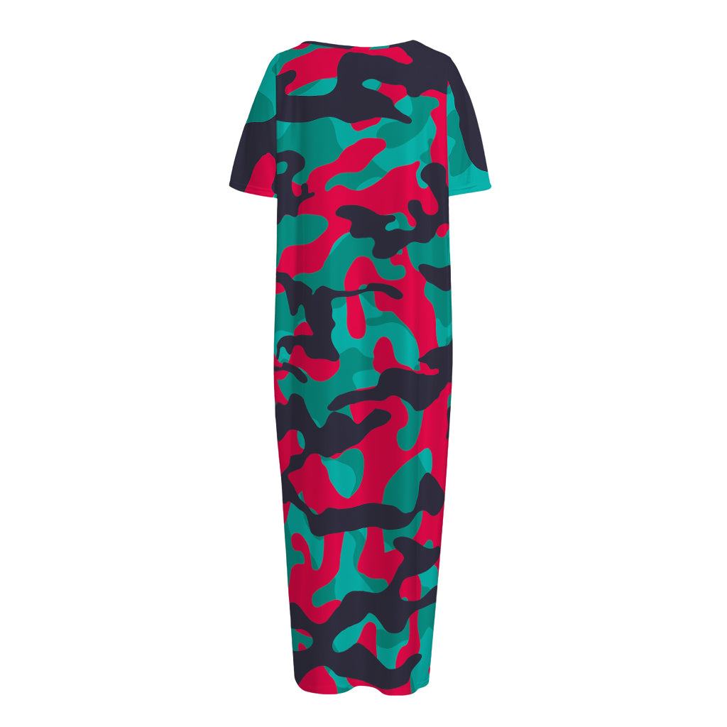 Pink Teal And Black Camouflage Print Short Sleeve Long Nightdress