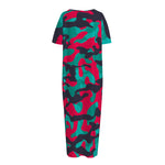 Pink Teal And Black Camouflage Print Short Sleeve Long Nightdress