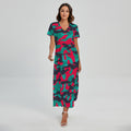 Pink Teal And Black Camouflage Print Short Sleeve Maxi Dress