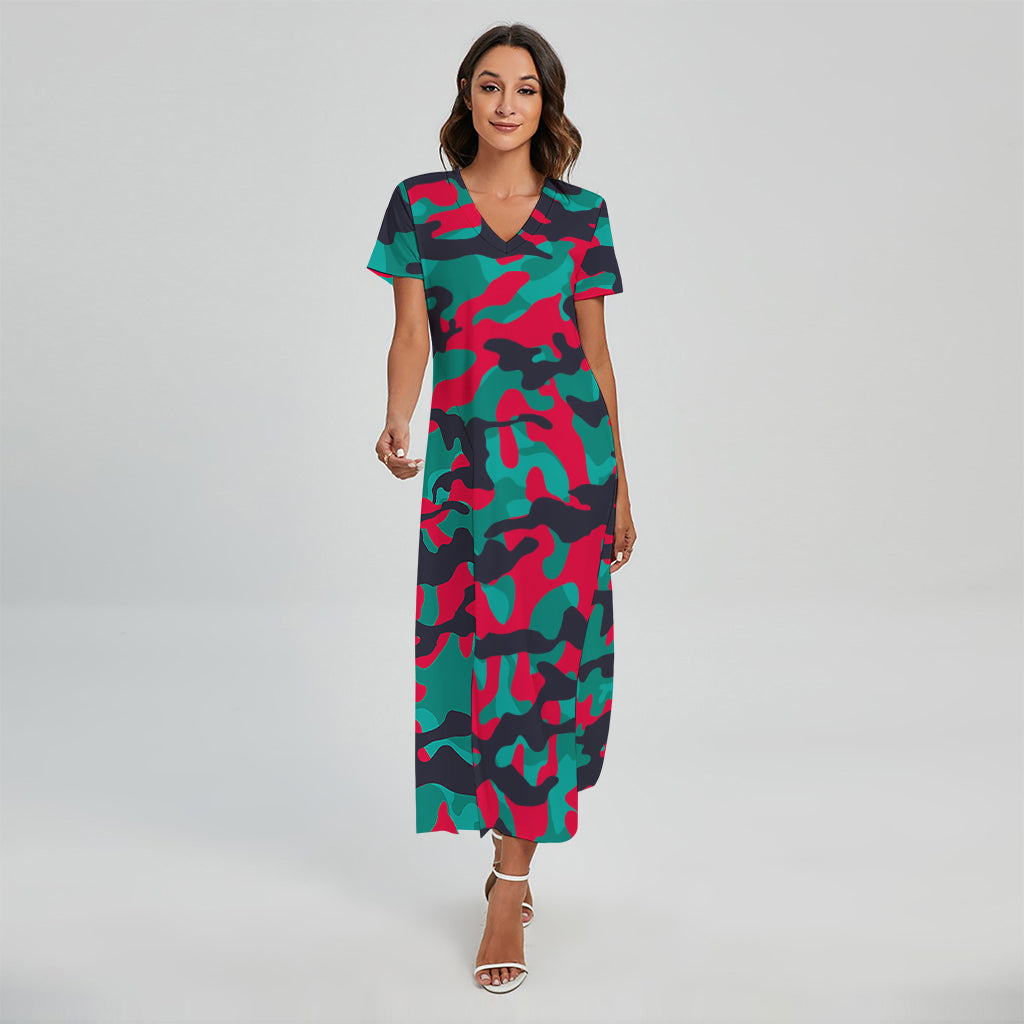 Pink Teal And Black Camouflage Print Short Sleeve Maxi Dress