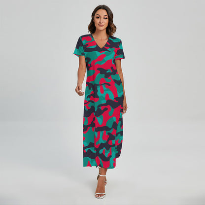 Pink Teal And Black Camouflage Print Short Sleeve Maxi Dress