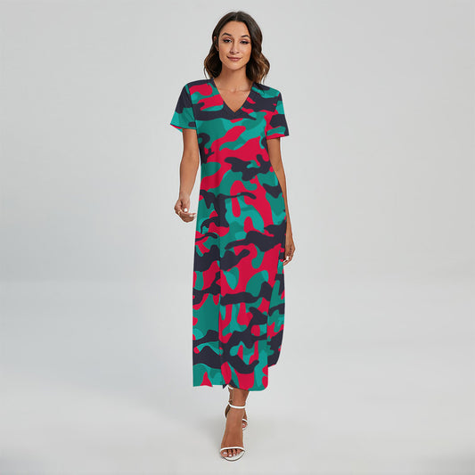 Pink Teal And Black Camouflage Print Short Sleeve Maxi Dress