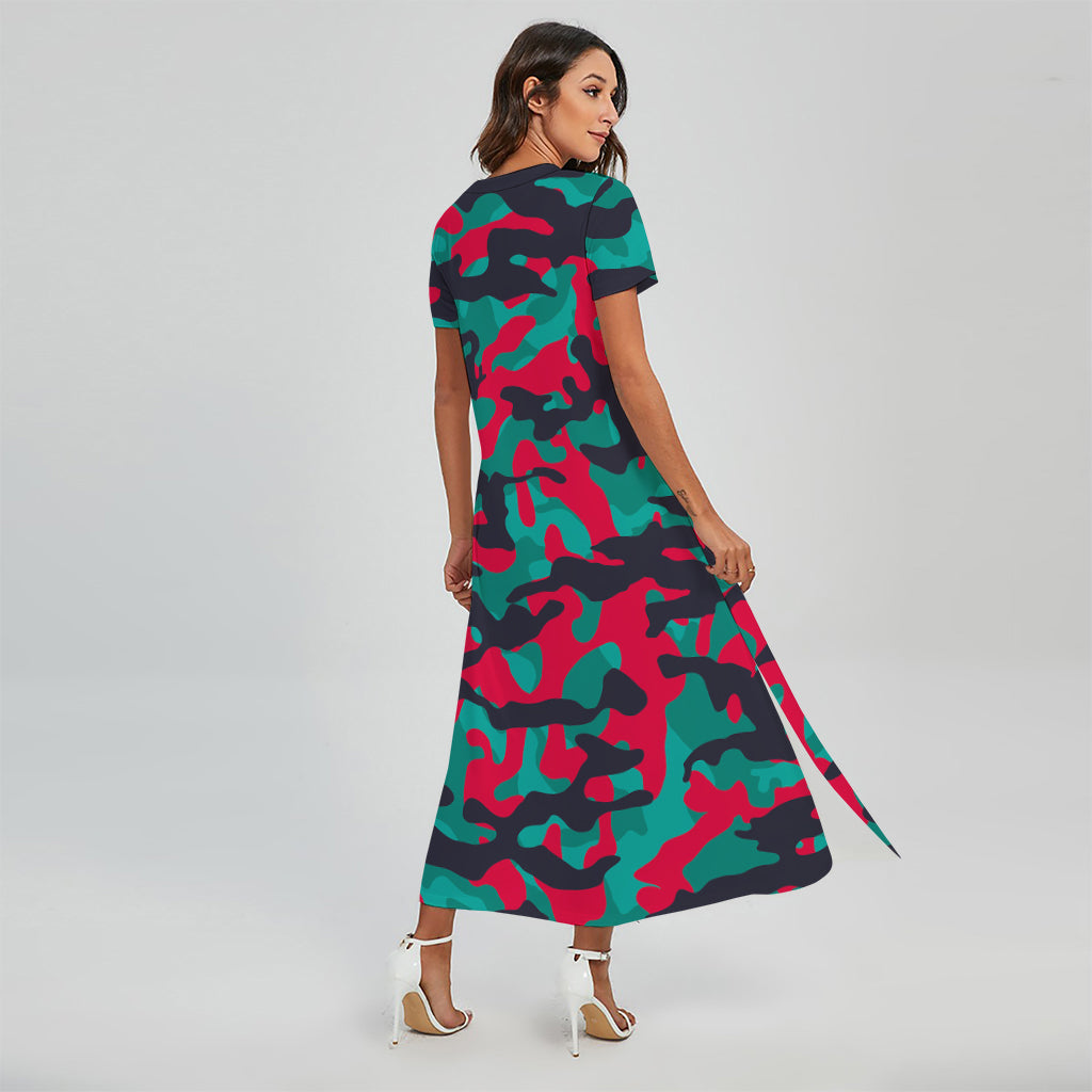 Pink Teal And Black Camouflage Print Short Sleeve Maxi Dress
