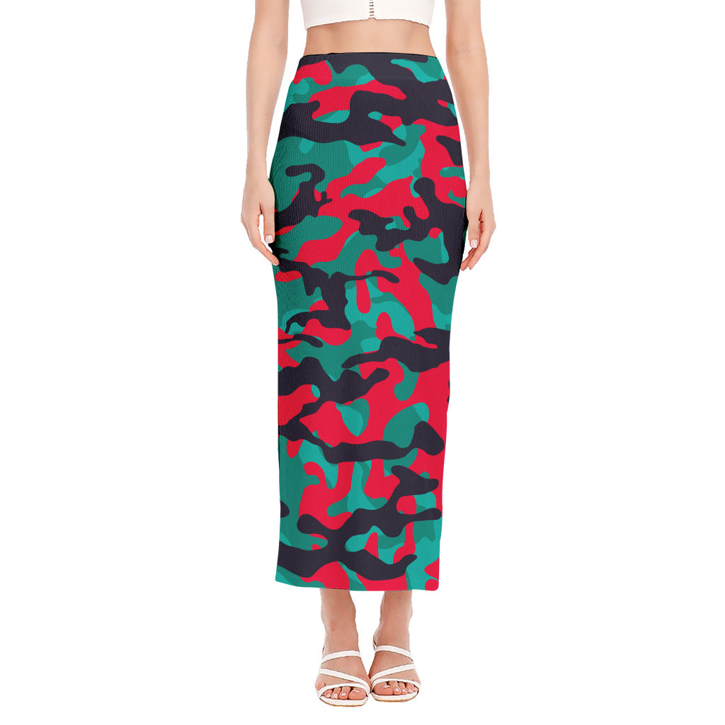 Pink Teal And Black Camouflage Print Side Slit Maxi Skirt