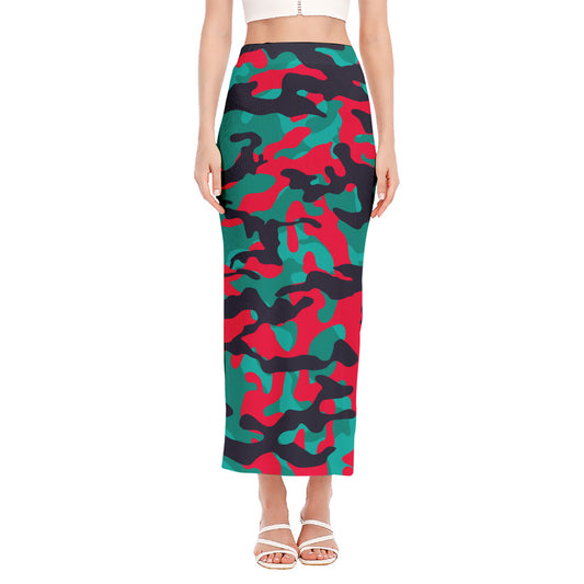 Pink Teal And Black Camouflage Print Side Slit Maxi Skirt