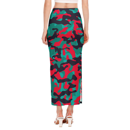 Pink Teal And Black Camouflage Print Side Slit Maxi Skirt