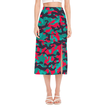 Pink Teal And Black Camouflage Print Side Slit Midi Skirt