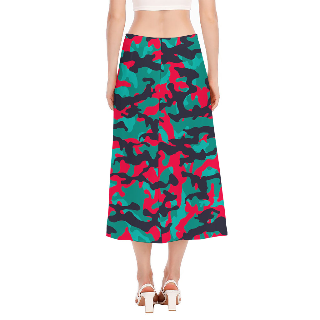 Pink Teal And Black Camouflage Print Side Slit Midi Skirt