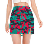 Pink Teal And Black Camouflage Print Side Slit Mini Skirt