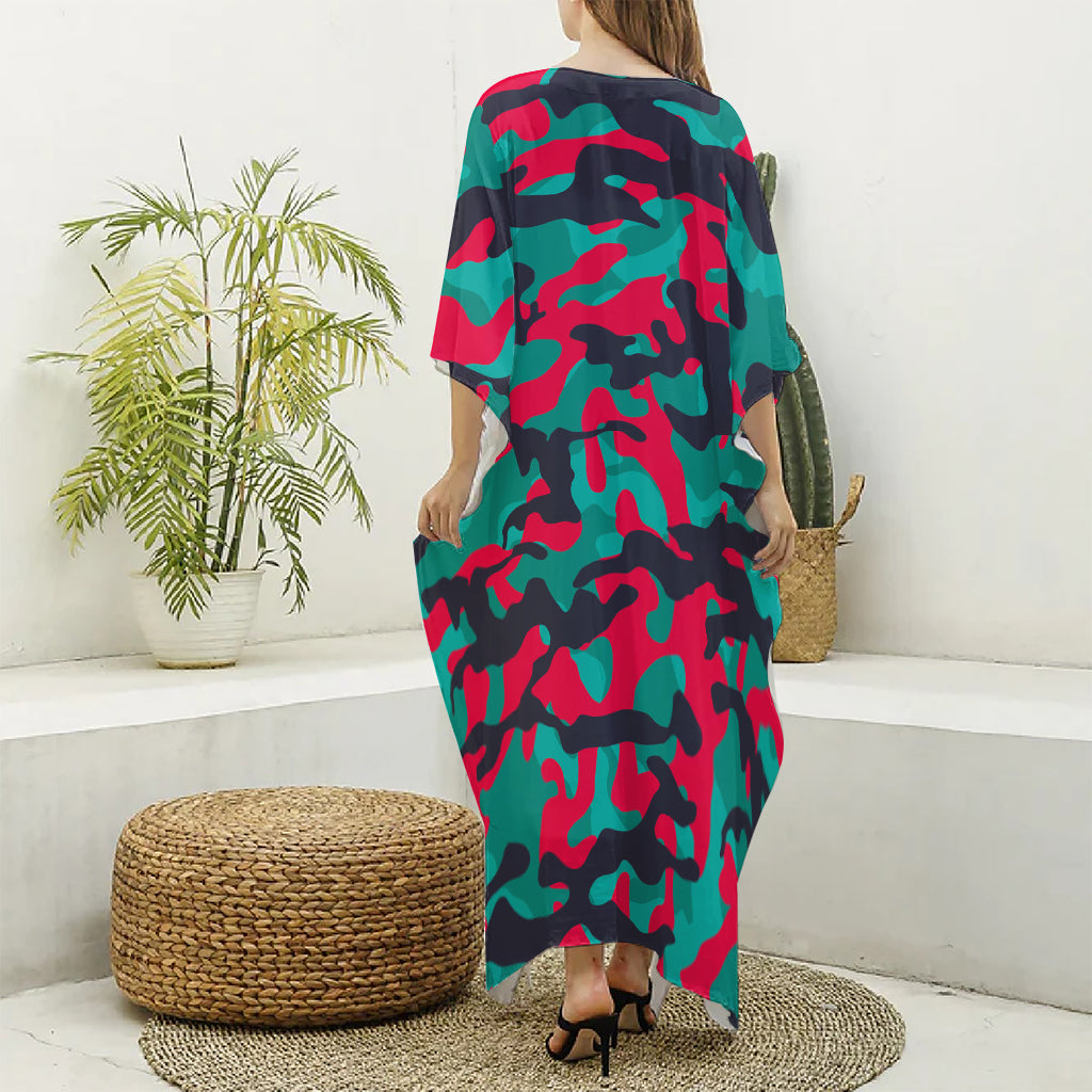 Pink Teal And Black Camouflage Print Silk V-Neck Kaftan Dress