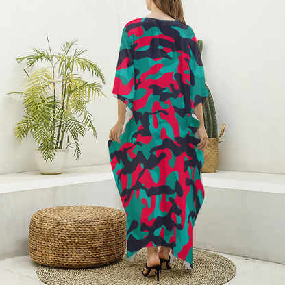Pink Teal And Black Camouflage Print Silk V-Neck Kaftan Dress