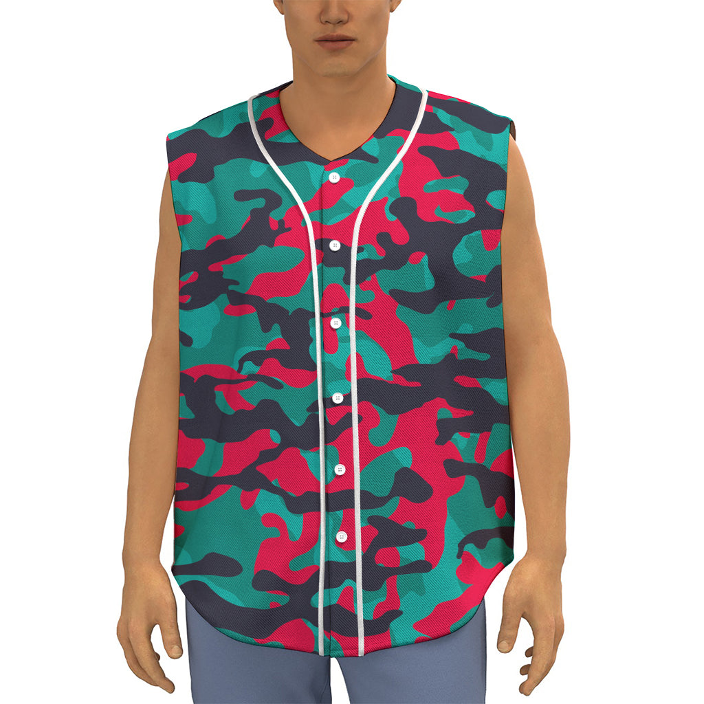 Pink Teal And Black Camouflage Print Sleeveless Baseball Jersey