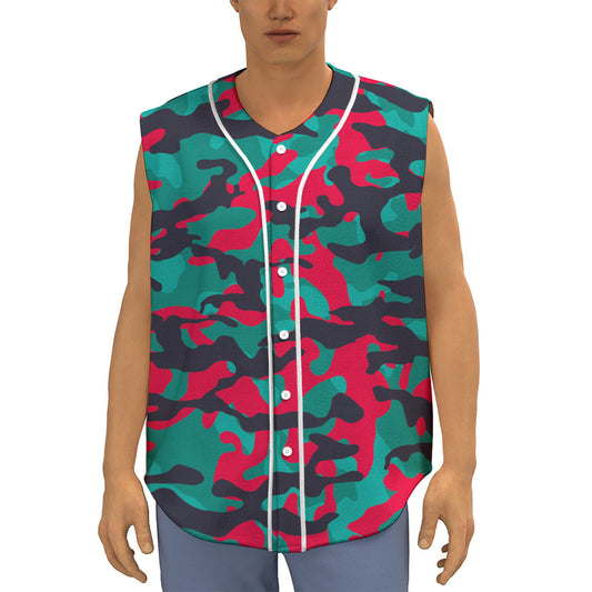 Pink Teal And Black Camouflage Print Sleeveless Baseball Jersey