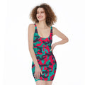 Pink Teal And Black Camouflage Print Sleeveless Bodycon Dress