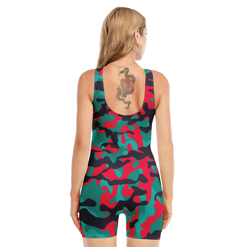 Pink Teal And Black Camouflage Print Sleeveless One Piece Swimsuit