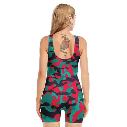 Pink Teal And Black Camouflage Print Sleeveless One Piece Swimsuit