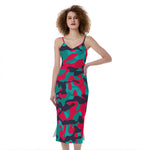 Pink Teal And Black Camouflage Print Slim Fit Midi Cami Dress
