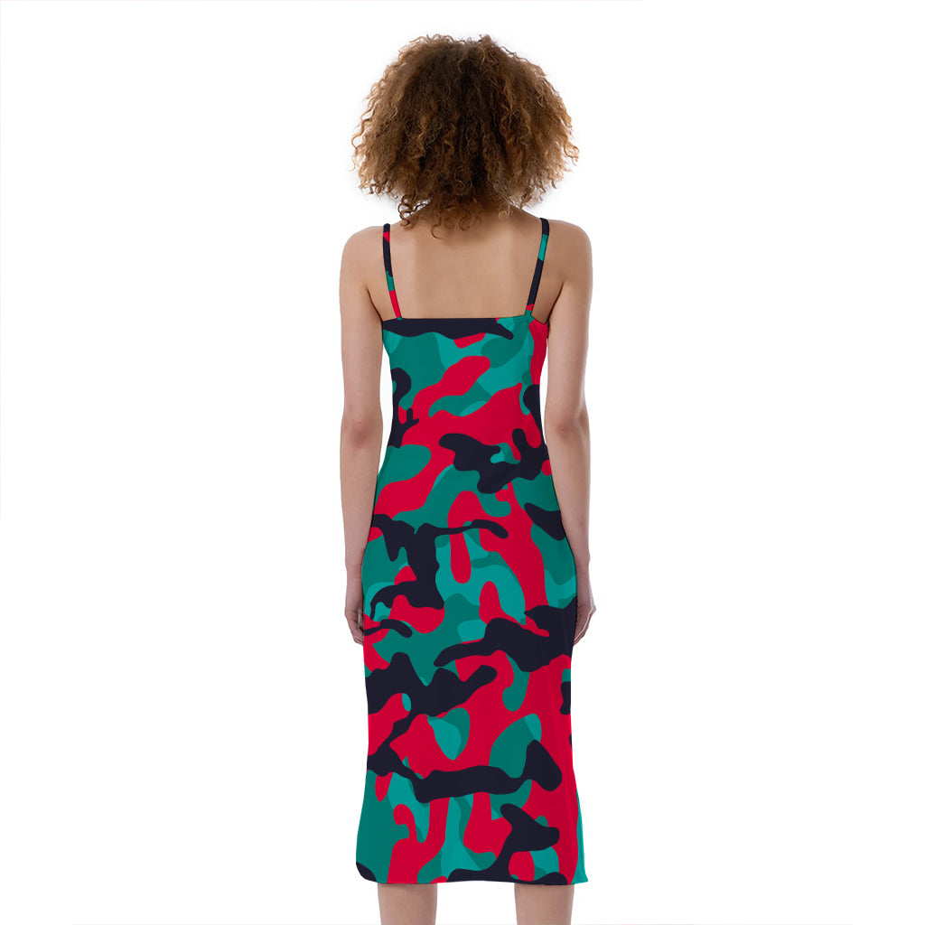 Pink Teal And Black Camouflage Print Slim Fit Midi Cami Dress