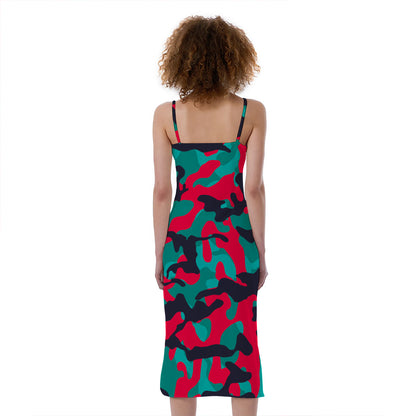 Pink Teal And Black Camouflage Print Slim Fit Midi Cami Dress