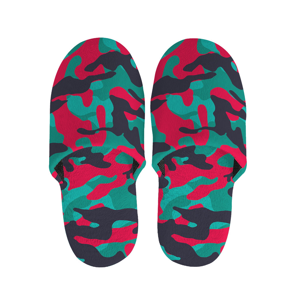 Pink Teal And Black Camouflage Print Slippers