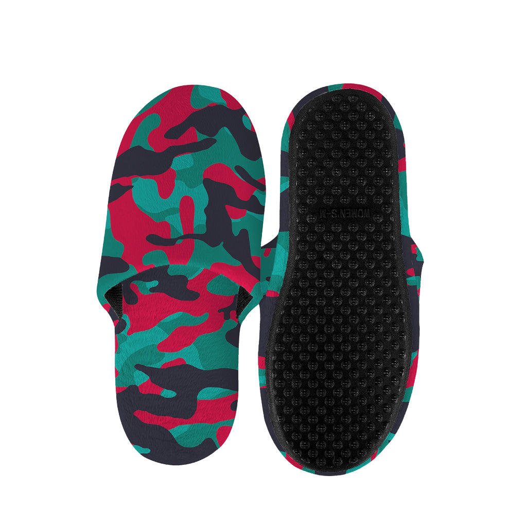 Pink Teal And Black Camouflage Print Slippers