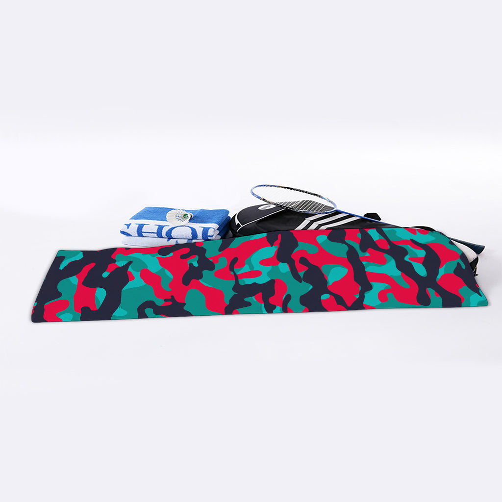 Pink Teal And Black Camouflage Print Sports Towel
