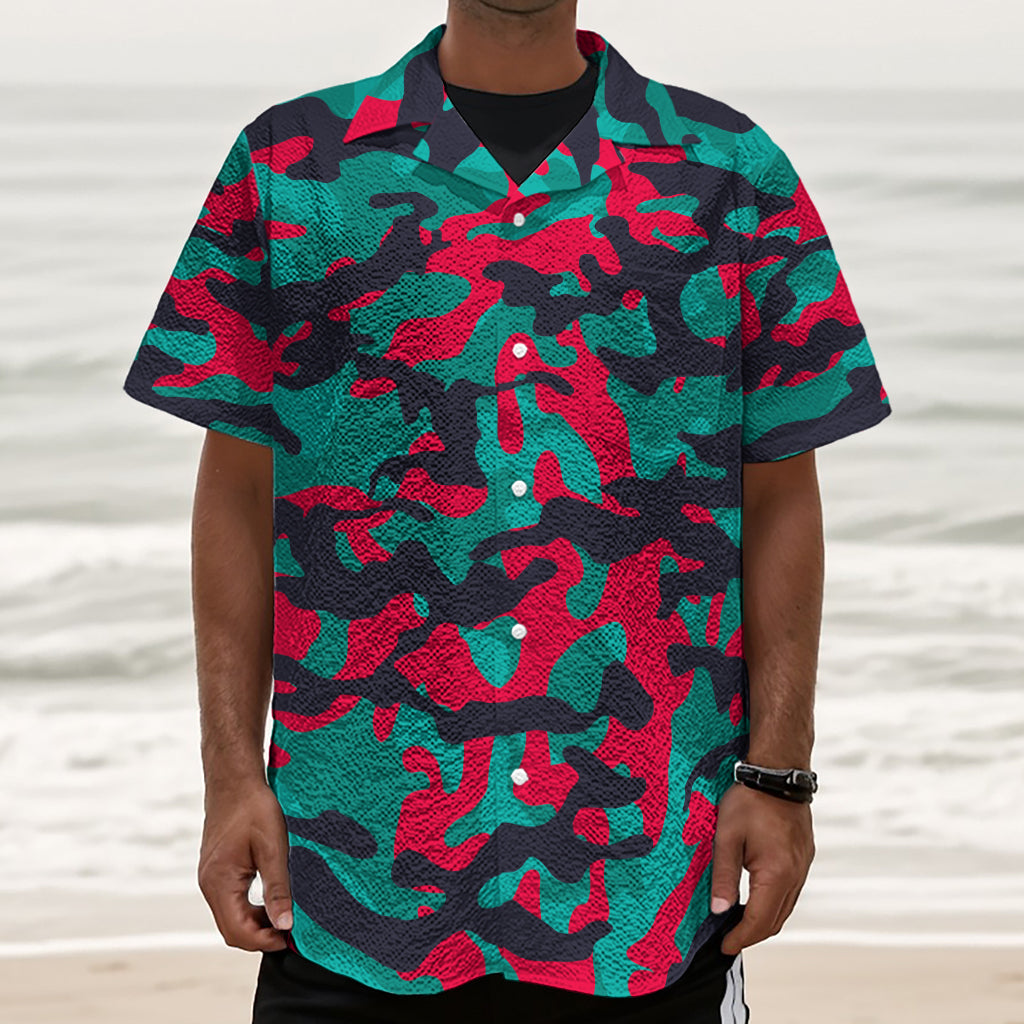 Pink Teal And Black Camouflage Print Textured Short Sleeve Shirt
