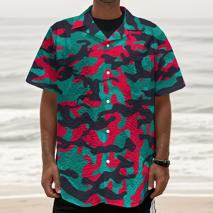 Pink Teal And Black Camouflage Print Textured Short Sleeve Shirt