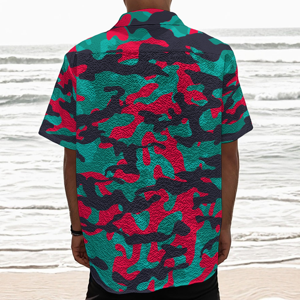 Pink Teal And Black Camouflage Print Textured Short Sleeve Shirt