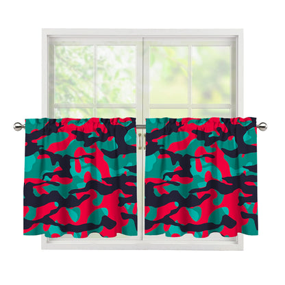 Pink Teal And Black Camouflage Print Tier Curtains