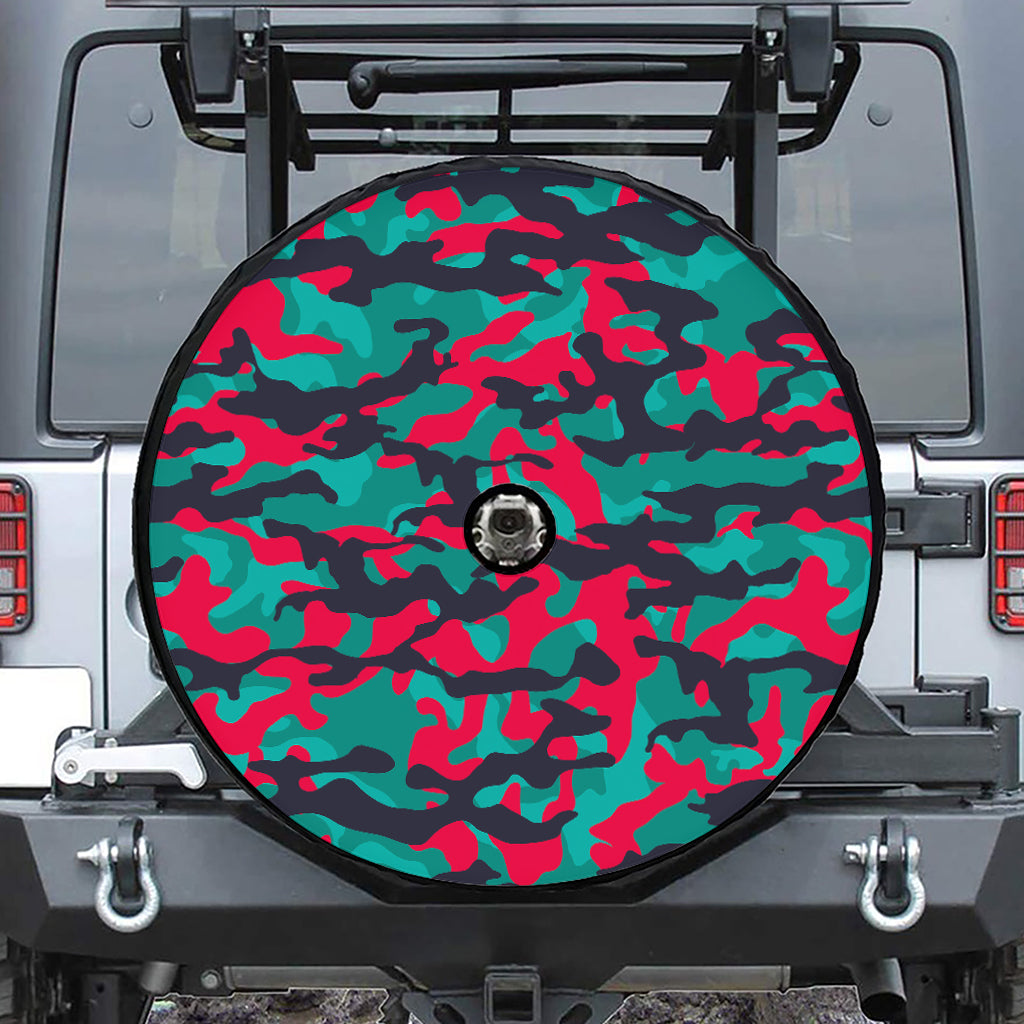 Pink Teal And Black Camouflage Print Tire Cover With Camera Hole