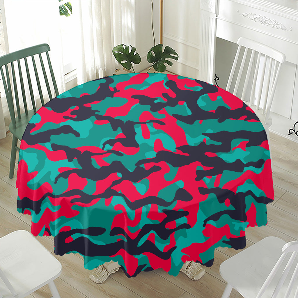 Pink Teal And Black Camouflage Print Waterproof Round Tablecloth