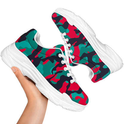 Pink Teal And Black Camouflage Print White Chunky Shoes